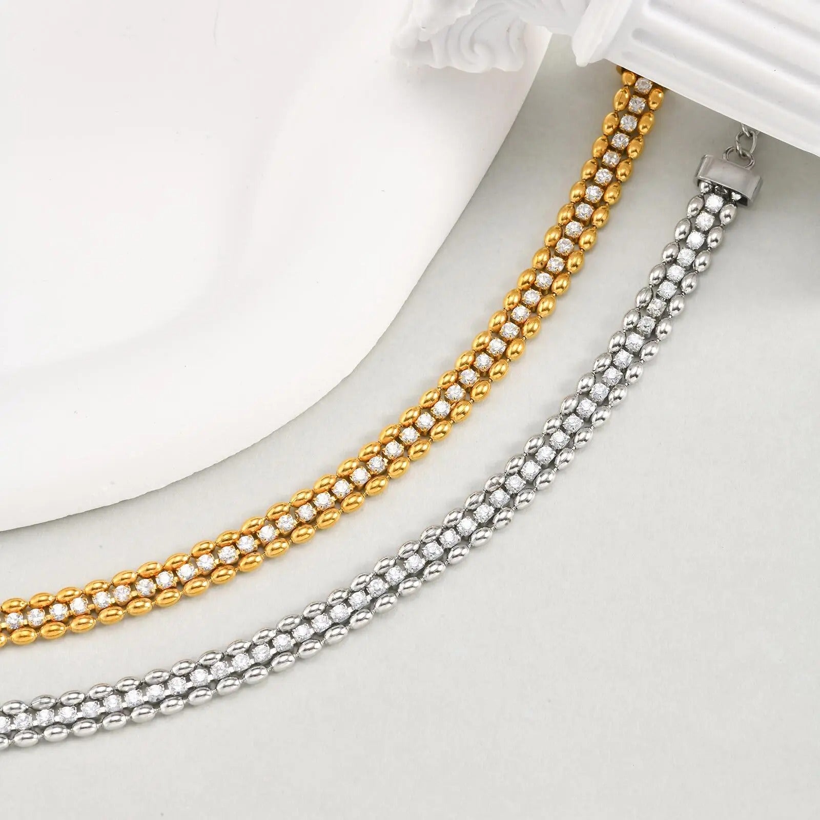 Vnox Women’s Gold & Silver Woven Cubic Zirconia Bracelet – Stainless Steel Double Beads Chain Charm Jewelry