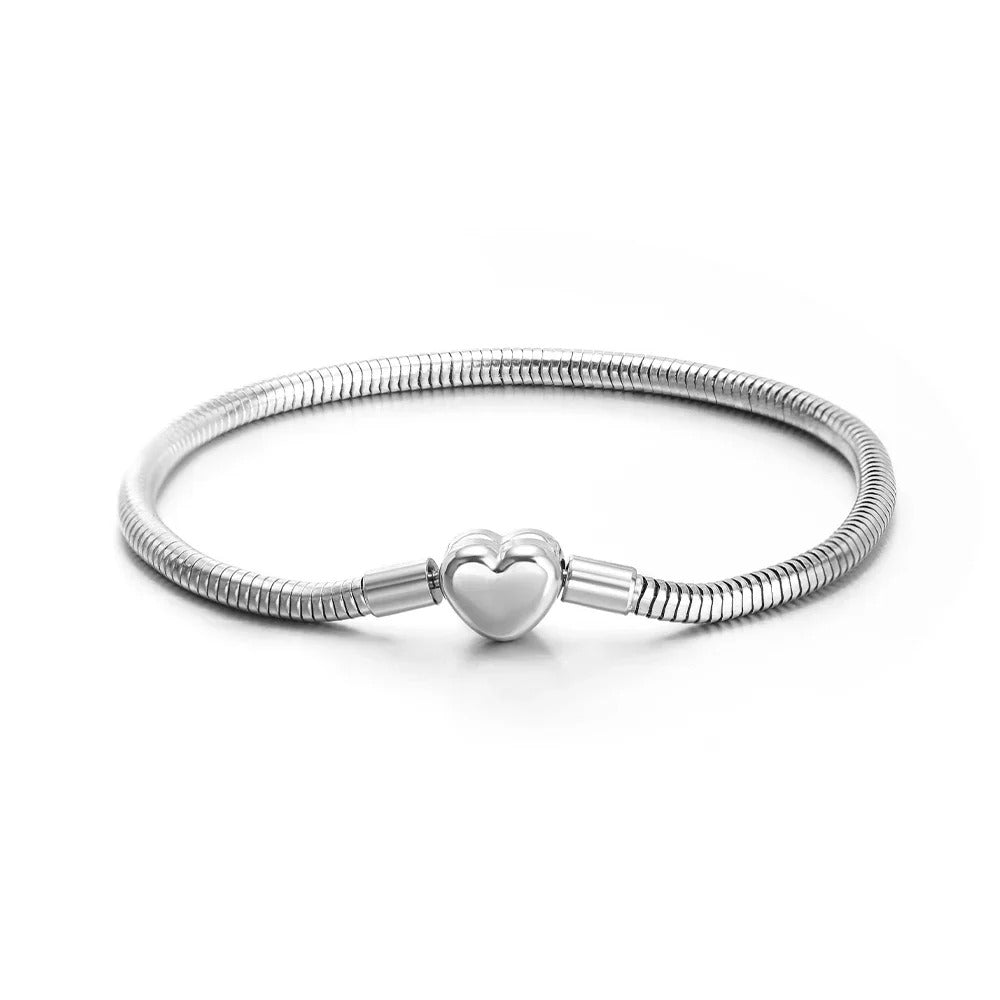 1pc DIY Stainless Steel Bracelet Bangle for Women – Gold Heart Clasp, Fits Pandora Style Charms & Beads