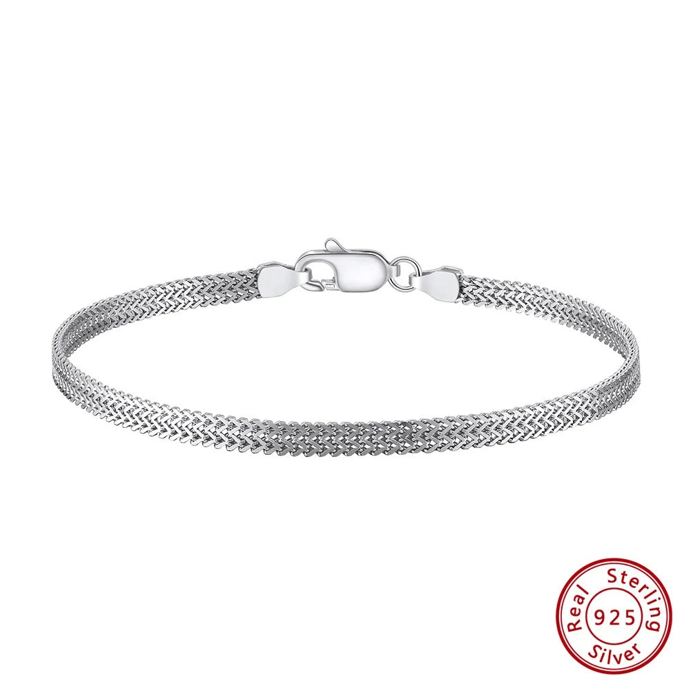 Rinntin 925 Sterling Silver 2.8mm Flat Mesh Chain Bracelet – Unisex Simple Bangle Chain Daily Wear Jewelry SB216