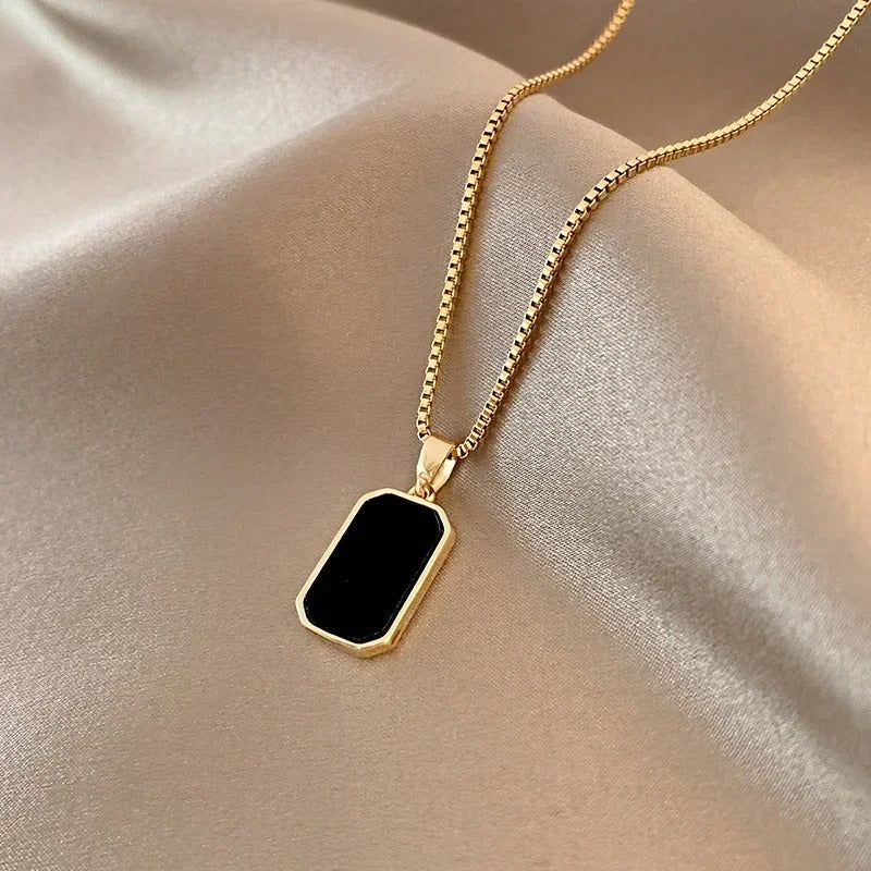 Minimalist Rectangular Pendant Necklace – Korean Black Epoxy Long Gold Color Chain Jewelry for Women & Men