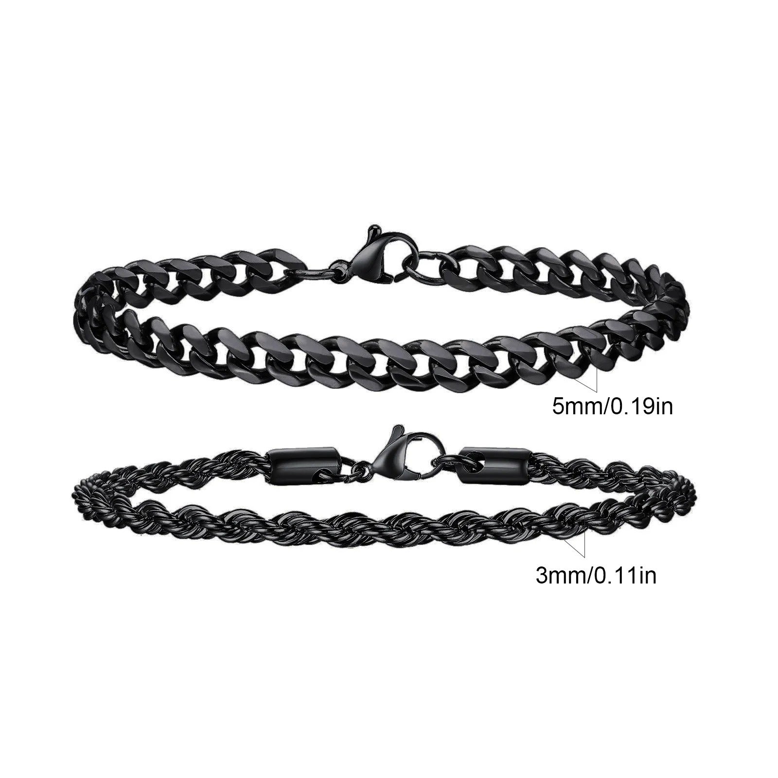 2pcs Men’s Stainless Steel Chain Bracelets – Silver, Gold & Black Twisted Rope Cuban Chain Wristband Gift Set