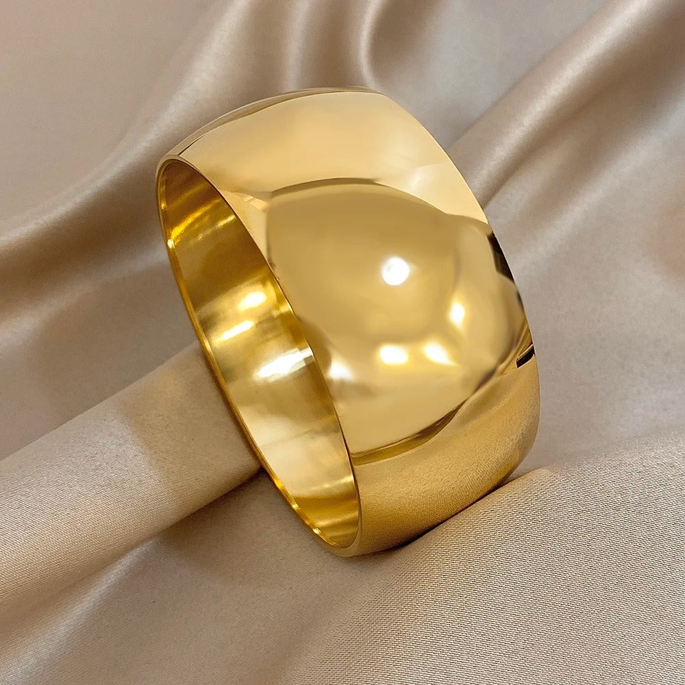 Glossy Gold Plated Stainless Steel Chunky Cuff Bracelet – Unisex Waterproof Smooth Bangle Jewelry (10/15/30mm)