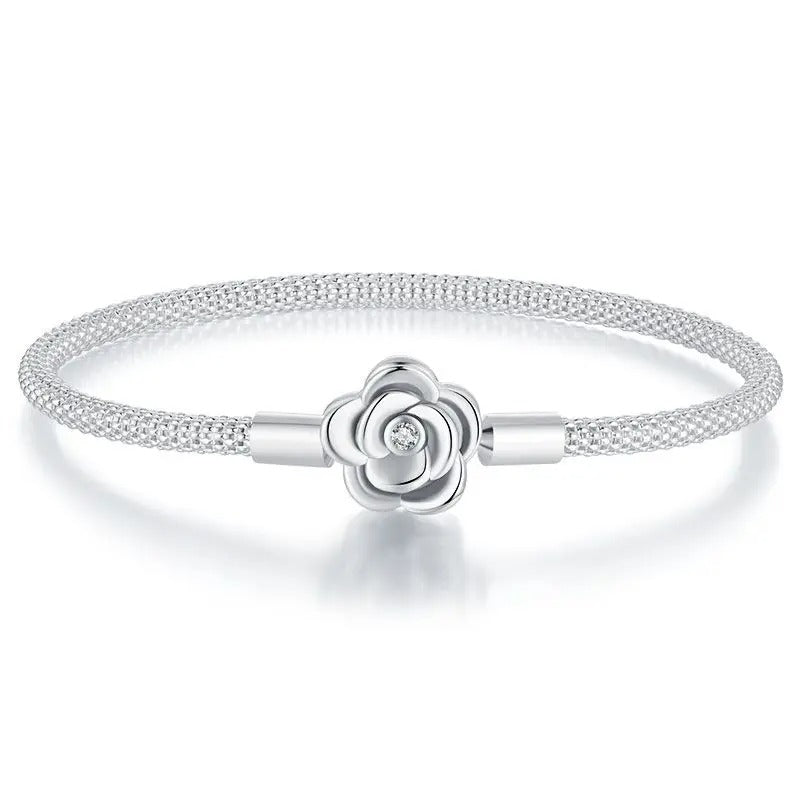 WOSTU 925 Sterling Silver Vintage Rose Flower Heart Bangle – Love Charm Bracelet for Women Valentine & Mother’s Day Gift