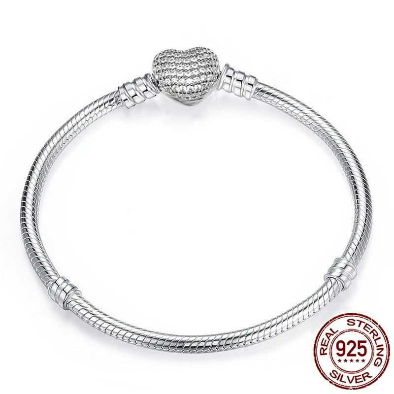 Handmade 925 Sterling Silver Charm Bracelet with Heart Clasp – Smooth Bangle for Women & Men, DIY Jewelry 16–23cm