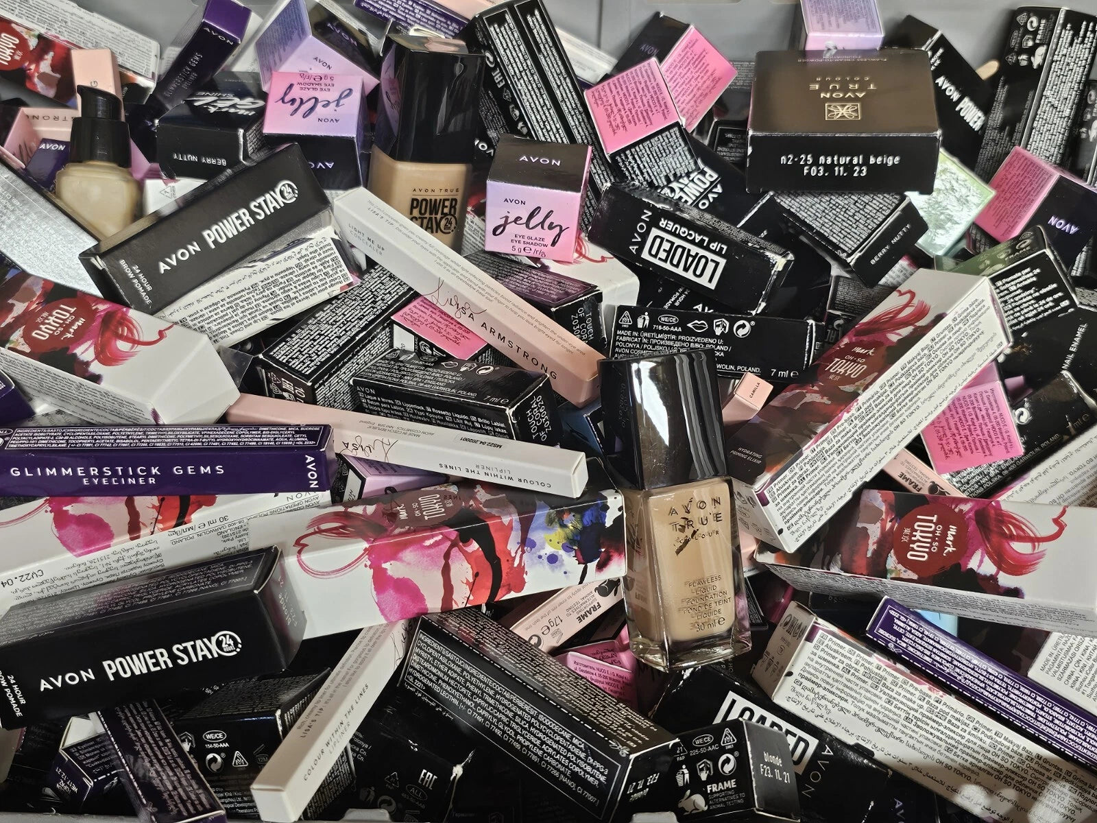 100 items in box mixed lot nails EYELINERS body cream eyes All Avon Bulk Lot